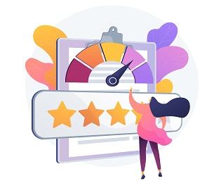 Reputation management. User feedback, customer loyalty, client satisfaction meter. Positive review, company trust, five star quality evaluation system. Vector isolated concept metaphor illustration